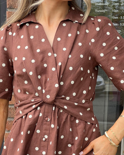 Marina Midi Linen Blend Dress - Brown Polka Dot