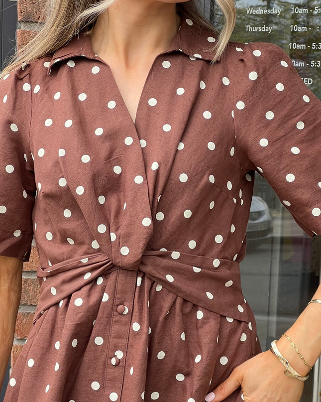 Marina Midi Linen Blend Dress - Brown Polka Dot