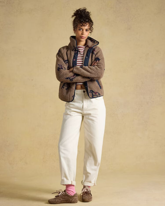 Joules Horse Print Borg Fleece Jacket - Mink Brown