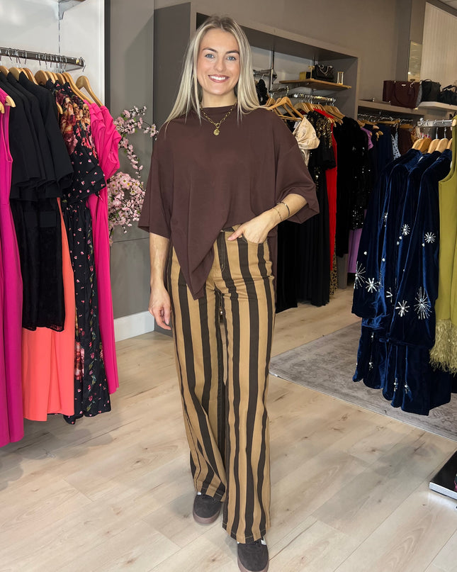 Striped Wide Leg Jeans -Brown/Beige