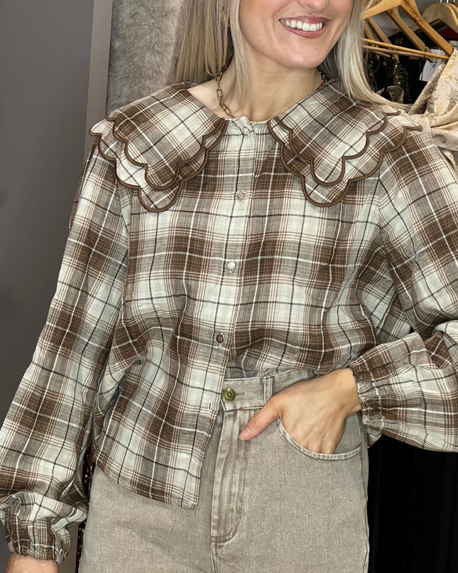 Bell Sleeve Checked Shirt - Brown