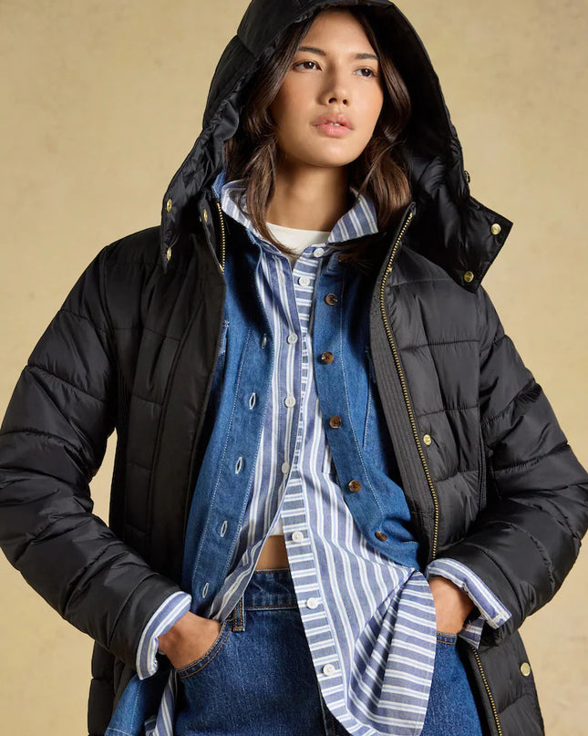 Joules Windborough Longline Padded Coat with Hood - Black