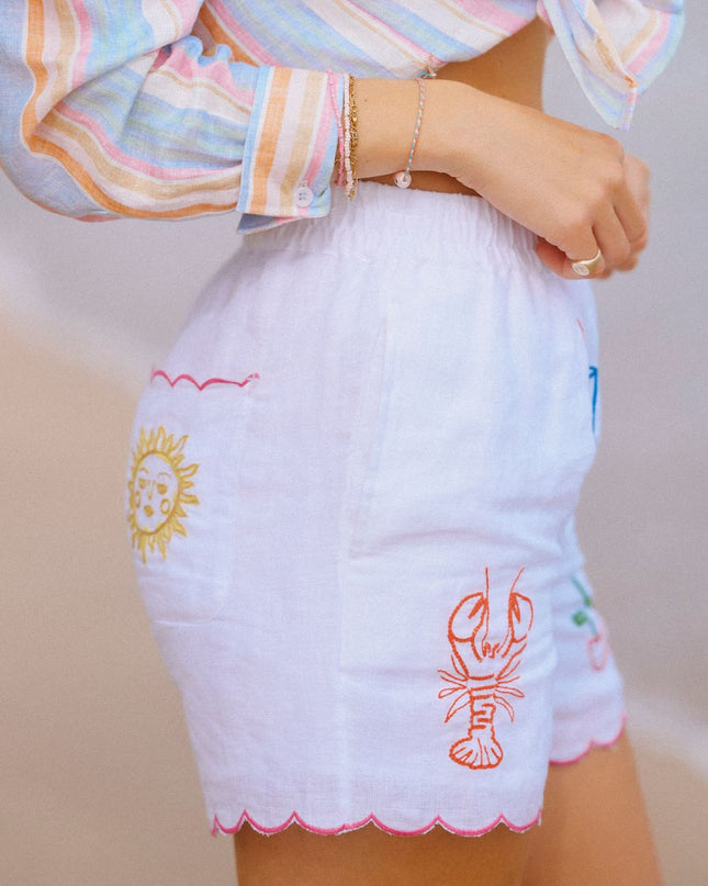 Orla Embroidered Pure Linen Shorts - White