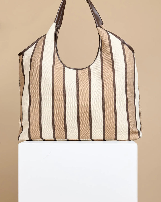 Camel & Cream Stripe Fabric Oversized Shopper Bag 