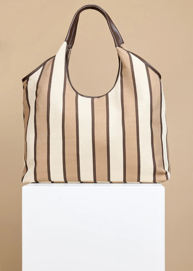 Camel & Cream Stripe Fabric Oversized Shopper Bag 