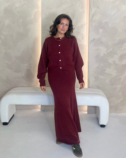 Cardigan and Midi Skirt Set - Burgundy