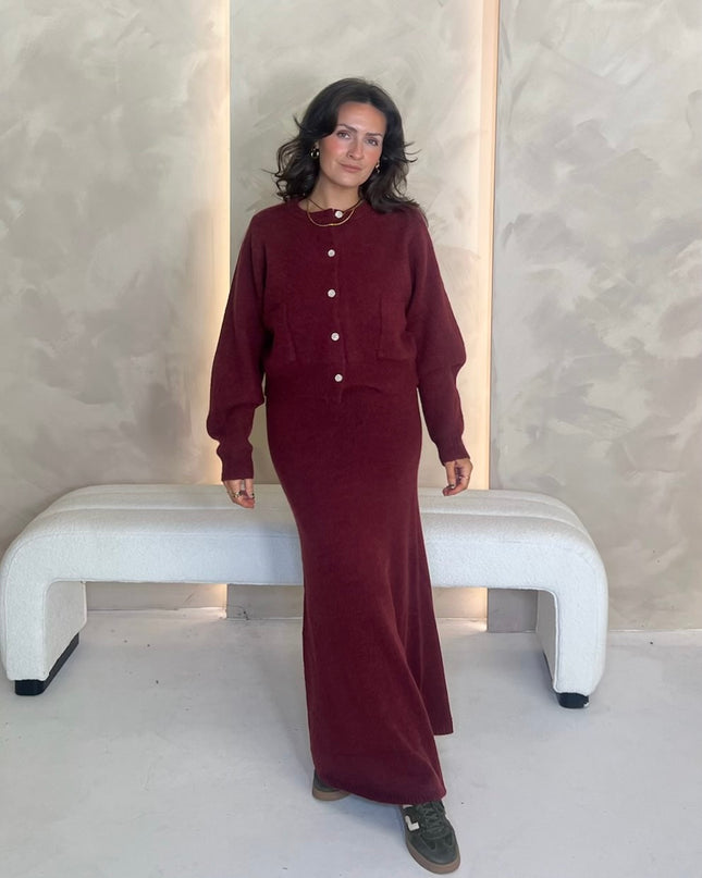 Cardigan and Midi Skirt Set - Burgundy