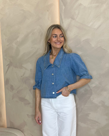 Cropped Denim Collared Top - Light Blue