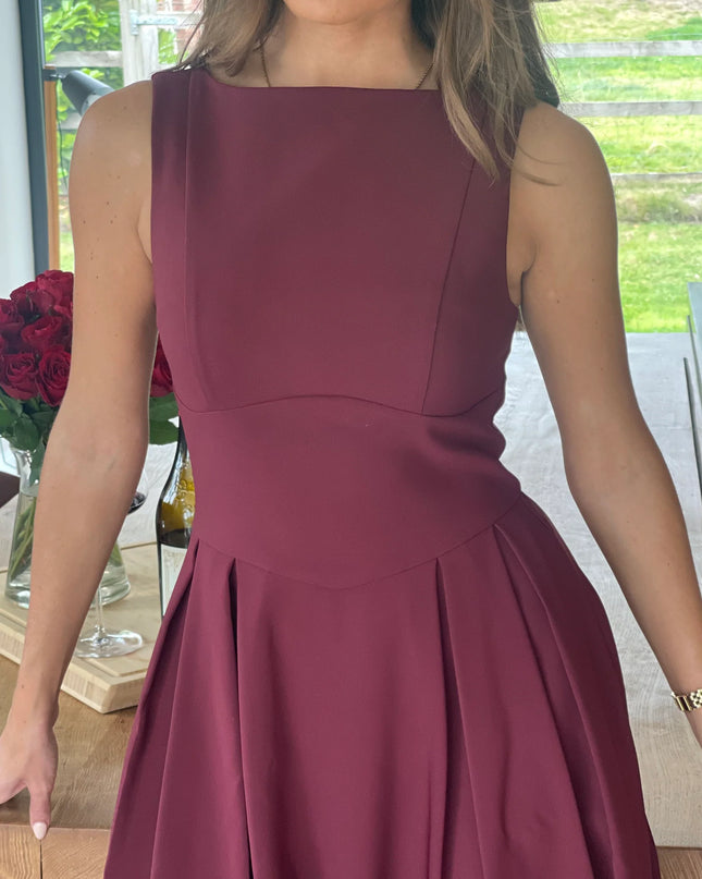 Nesta Boat Neck Skater Midi Dress- Berry