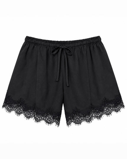 Satin Lace Trim Shorts - Black