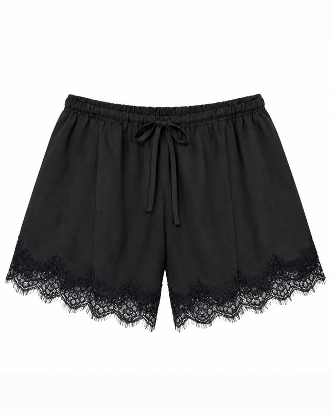 Satin Lace Trim Shorts - Black