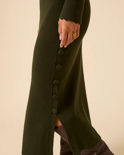 Knitted Long Sleeve Midi Dress - Dark Green