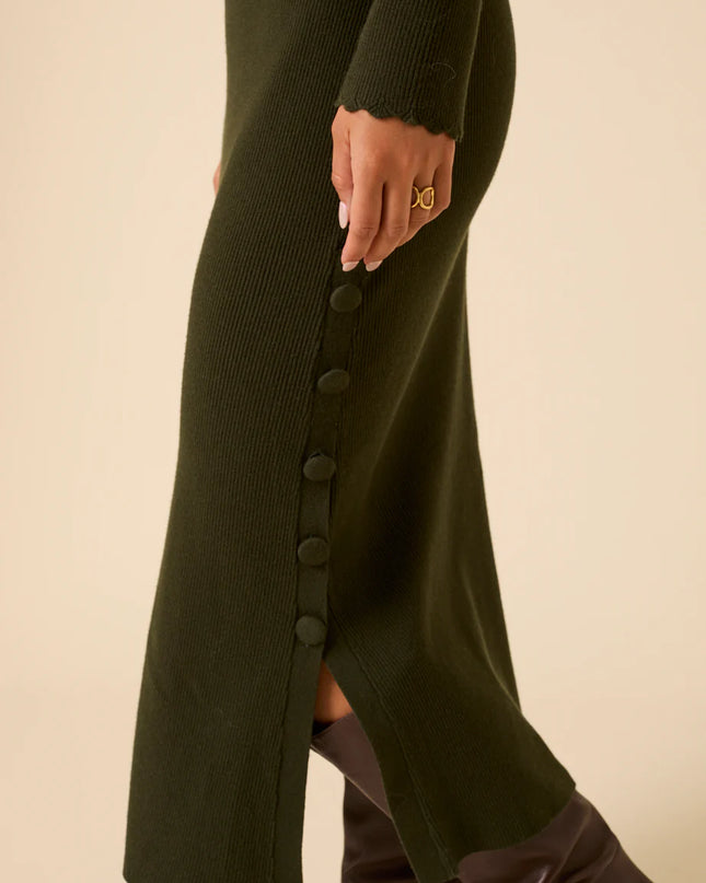 Knitted Long Sleeve Midi Dress - Dark Green