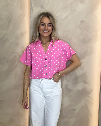 Polka Dot Crop Denim Shirt - Pink