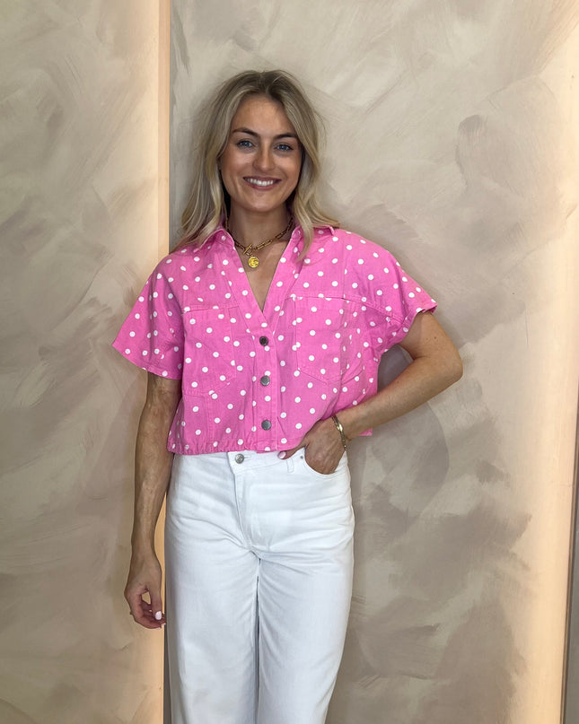 Polka Dot Crop Denim Shirt - Pink
