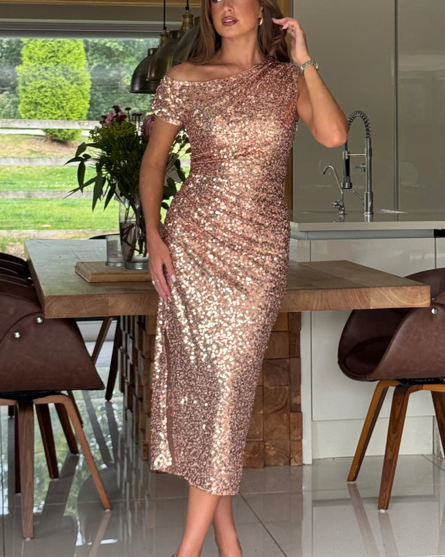 Donna Asymmetric Sequin Maxi Dress - Gold
