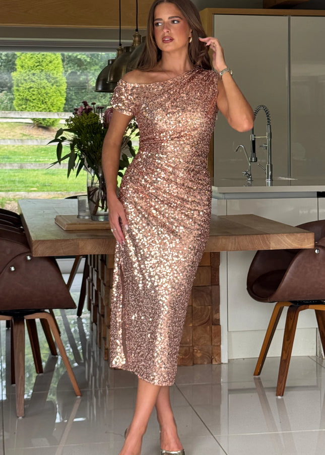 Donna Asymmetric Sequin Maxi Dress - Gold