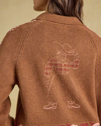 Joules Embroidered Cowboy Tan Knitted Cardigan - Brown