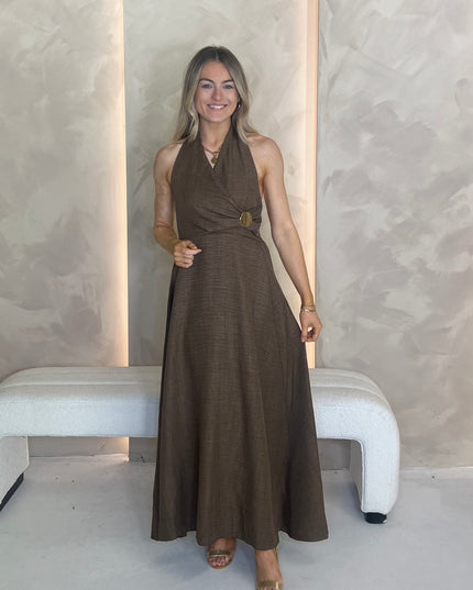 Halter Dress with Brooch Detail - Brown
