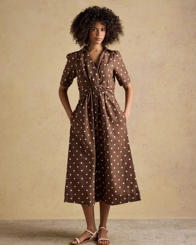 Marina Midi Linen Blend Dress - Brown Polka Dot