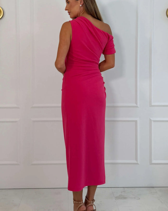 Donna Asymmetric Neckline Midi Dress - Hot Pink