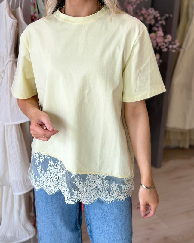 Asymmetric Lace Hem T-Shirt - Yellow