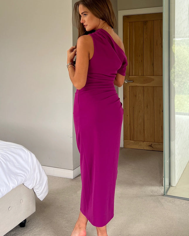 Donna Asymmetric Neckline Midi Dress Dark Fuchsia