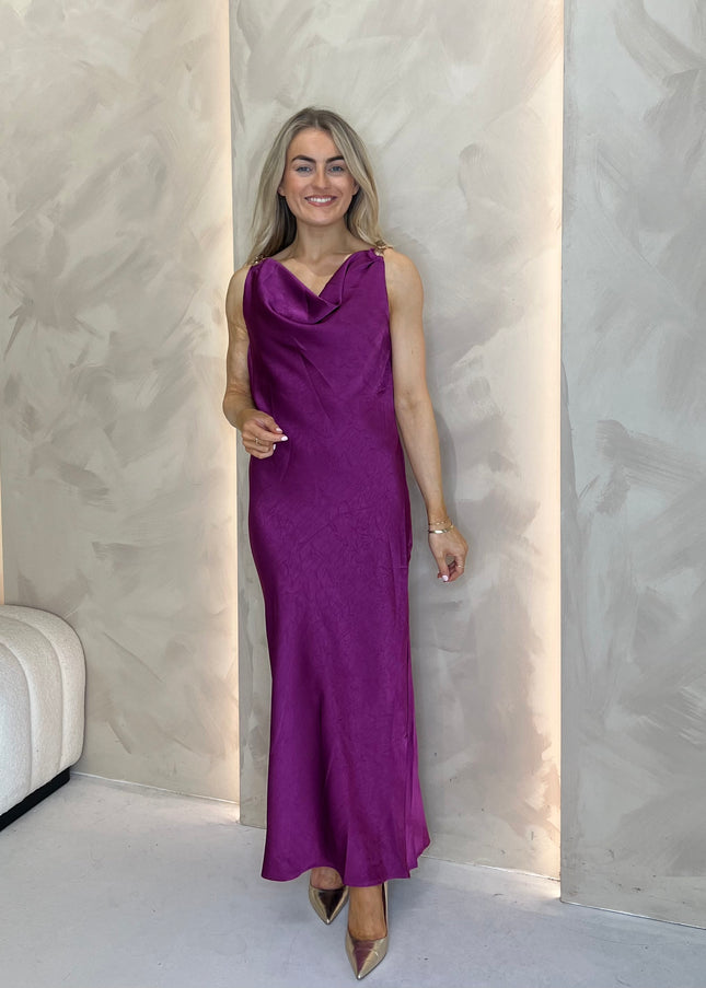 Cowl Neck Dress with Gold Hardware - Purple