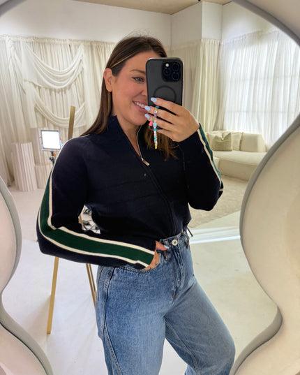 Ribbed Full Zip Knit - Navy/Green