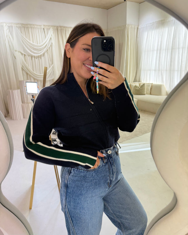 Ribbed Full Zip Knit - Navy/Green