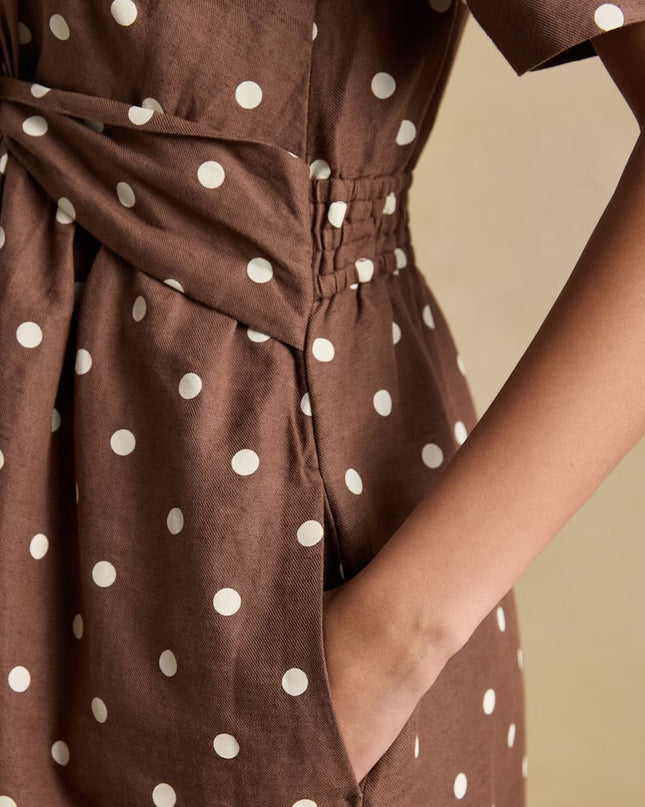 Marina Midi Linen Blend Dress - Brown Polka Dot
