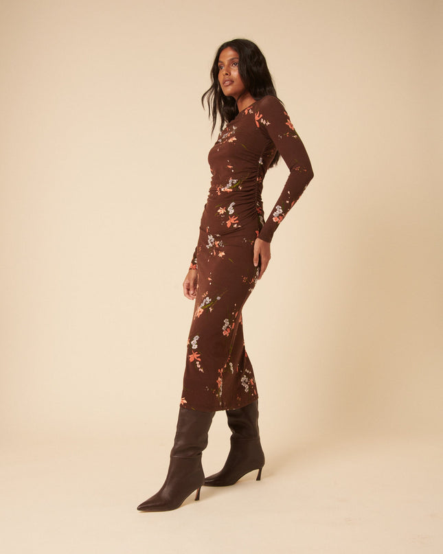 Laurella Jersey Draped Midi Dress - Brown Floral