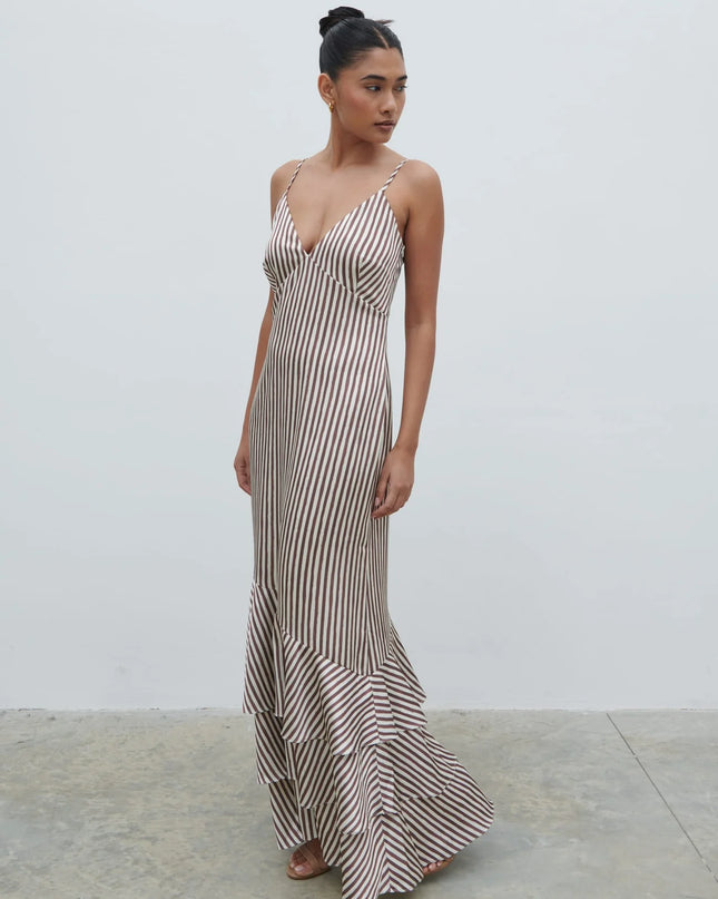 Serita V Neck Tiered Maxi Dress - Brown and Cream Stripe