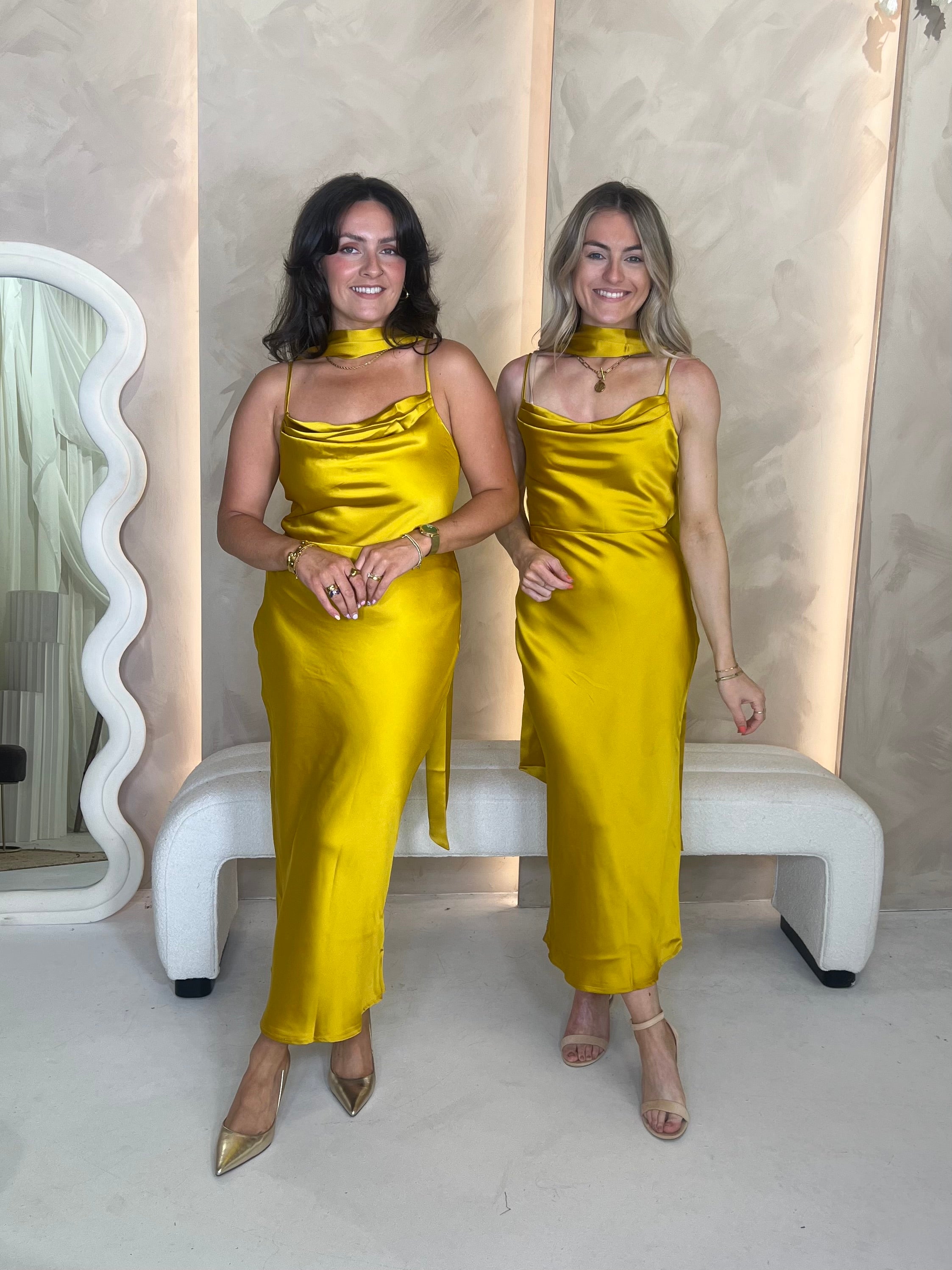 Satin Dress Muted Yellow Dress Keisha Scarf Midaxi Dress Yellow