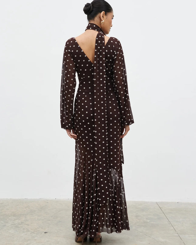 Petula Scarf Mesh Maxi Dress - Brown and Cream Polka Dot