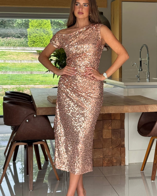 Donna Asymmetric Sequin Maxi Dress - Gold