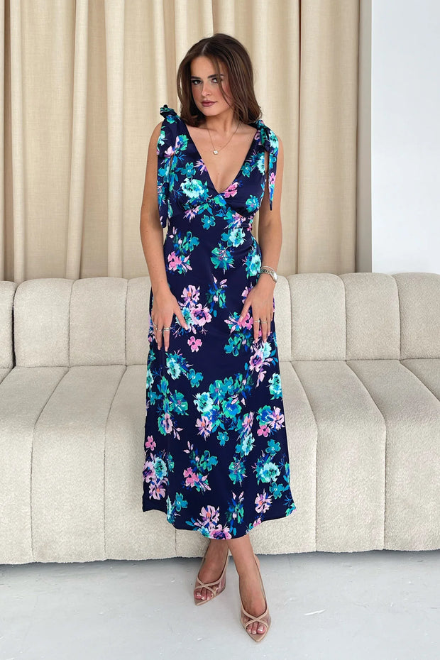 Beverly Tie Shoulder Midi Dress - Navy Floral