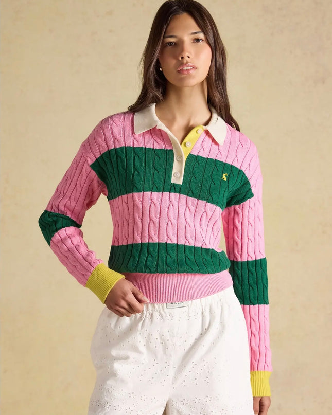 Joules Cable Knit Rugby Jumper - Pink/Green