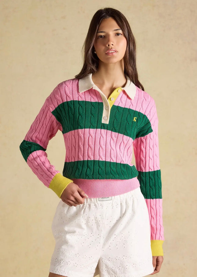 Joules Cable Knit Rugby Jumper - Pink/Green