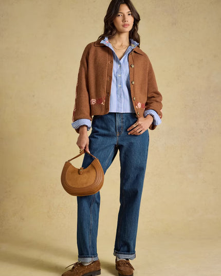 Joules Embroidered Cowboy Tan Knitted Cardigan - Brown