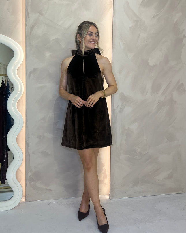 Bella Bow Velvet Mini Dress - Brown