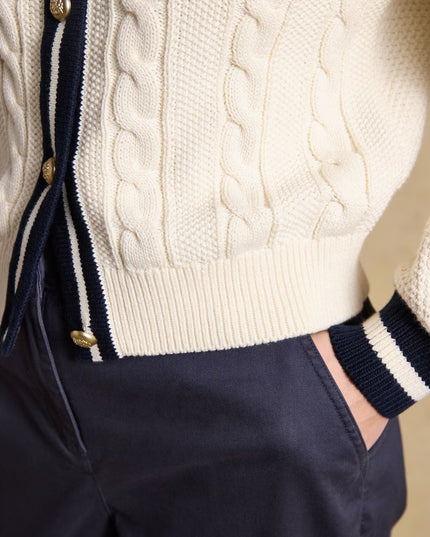 Crew Neck Cable Knit Cardigan - Cream/Navy