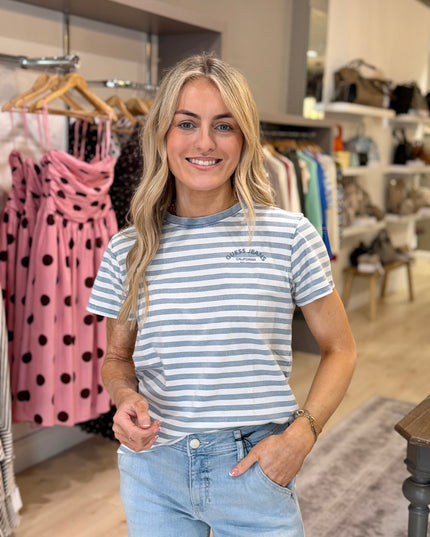 Guess Jeans Crew Neck Striped T-Shirt - Washed Blue/White