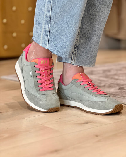 Mixed Textile Sneaker - Khaki/Pink