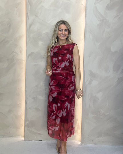 Asymmetric Neckline Mesh Dress - Red Print