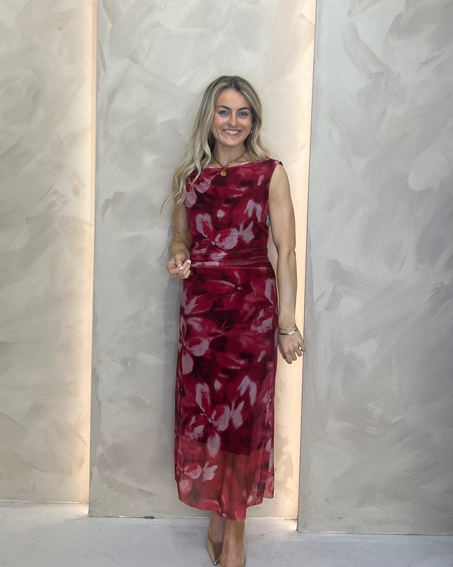 Asymmetric Neckline Mesh Dress - Red Print