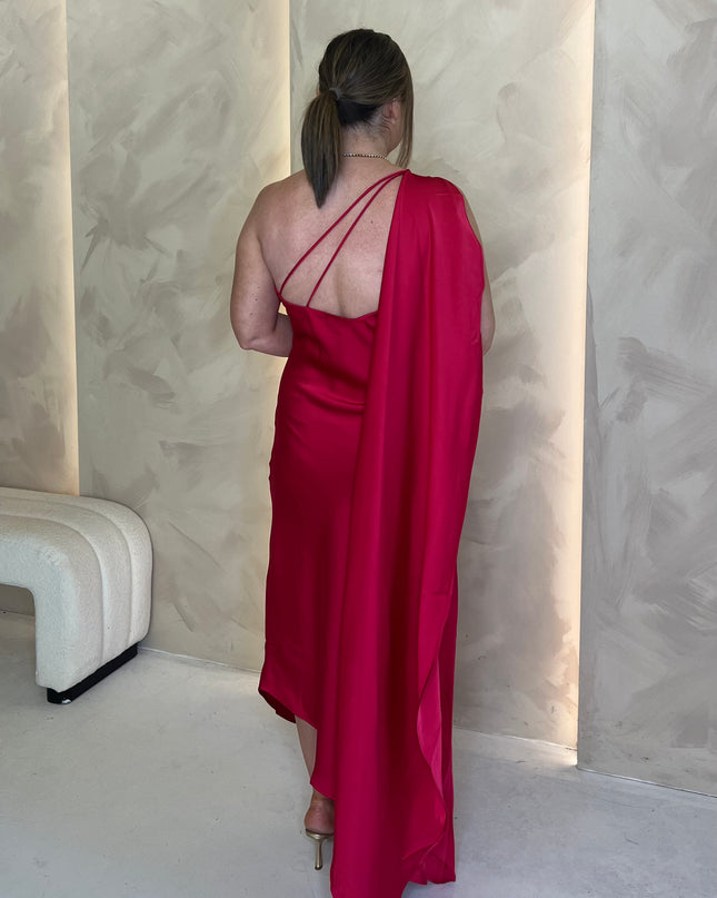 Asymmetric Midi Dress with Drape - Cherry
