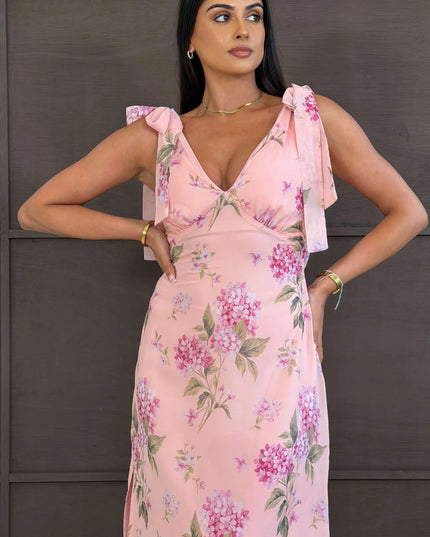 Beverly Floral Tie Shoulder Midi Dress - Pink