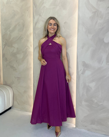 Linen Blend Tie Halter Dress - Purple