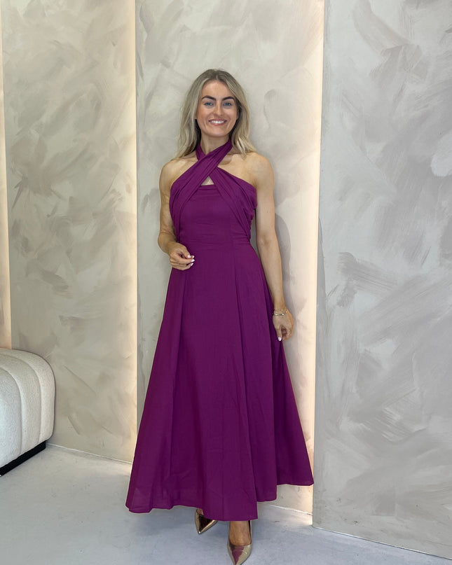 Linen Blend Tie Halter Dress - Purple